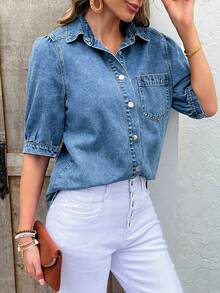 女士中蓝色泡泡袖牛仔衬衫 - 灯笼袖时尚休闲牛仔衬衫 - 中等水洗藍 - 查看 6