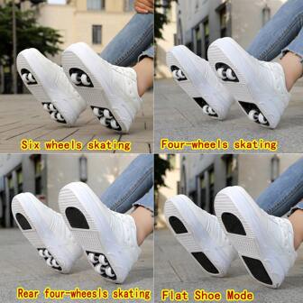 PHTEER New Hot-Selling Men And Women Six-Wheeled Rampage Shoes Student Teenagers Four-Wheeled Pulley Shoes College Outdoor Sports Multi-Function Roller Skates Adult Street Roller Skating Four Seasons Universal Shoes With Wheels