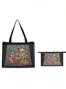 Túi lưới in chữ họa tiết Cruise Life, túi đi biển, túi đựng đồ, túi đựng mỹ phẩm, túi xách dung tích lớn, quà tặng cho bé gái, quà tặng Ngày của Mẹ, túi đựng đồ gấp gọn, thích hợp để đựng mỹ phẩm cá nhân khi đi du lịch, túi trang điểm du lịch, quà sinh nhật, dụng cụ trang điểm du lịch, quà tặng giáo viên, quà tặng cặp đôi, quà sinh nhật, đồ dùng cần thiết khi đi du lịch, đồ dùng cần thiết khi ở ký túc xá, đáp ứng nhu cầu đi lại hàng ngày, túi đồ dùng cần thiết cho mùa hè đi biển. - màu đen - Xem 12