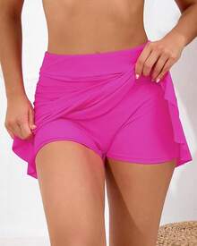 Halcurt Women's High Waisted Ruched Ruffle Swim Skirt With Shorts Tummy Control Tankini Swim Skort Bikini Swimsuit Bottoms - 粉色 - 查看 2