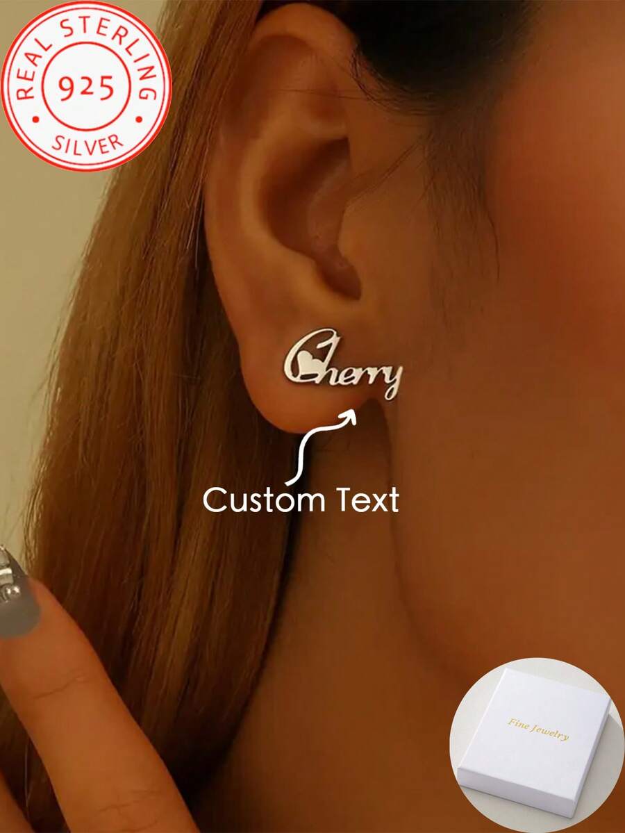 Pair Of 925 Silver Customized English Name Earrings , Daily Party Accessories, Christmas Valentine's Day, Cute Fashion Earrings, Multi-Style Jewelry