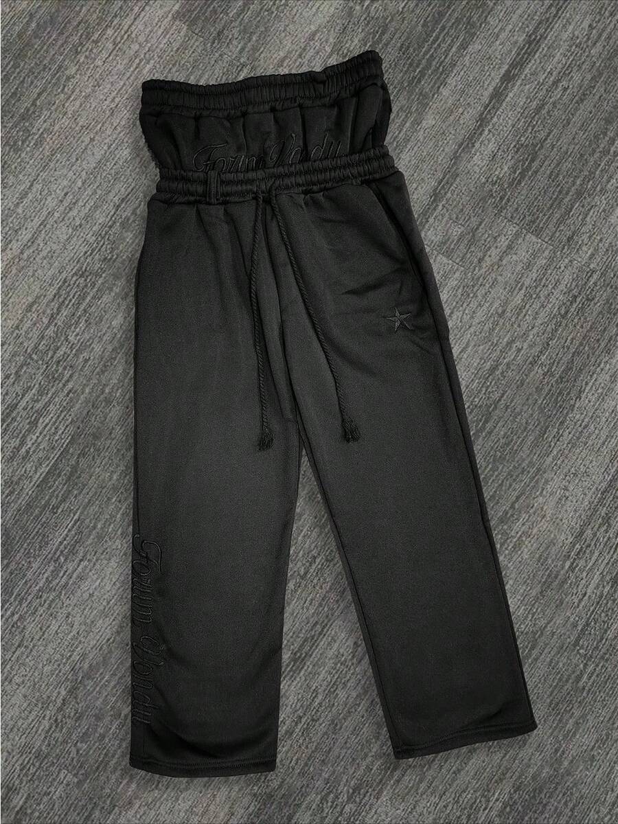 2025 New Double Waist Embroidered Sweatpants Men's And Women's  High Street Trousers Fake Two-Piece Trousers Loose Wide-Leg Trousers - Black - View 1