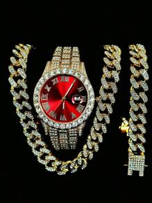 Set de joyería de 3 piezas estilo europeo y americano hip-hop con diamantes completos, reloj, collar y pulsera con rhinestones, correa de metal y calendario, regalo para estudiantes hombres y mujeres