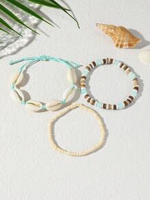 3件套白色串珠龟壳手工编织女士手链