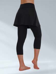 BEROY Women Tennis Skirted Leggings Capris Yoga Leggings With Skirts Pickleball Running Golf Athletic Skirts Clothing With Pockets - Black - View 3