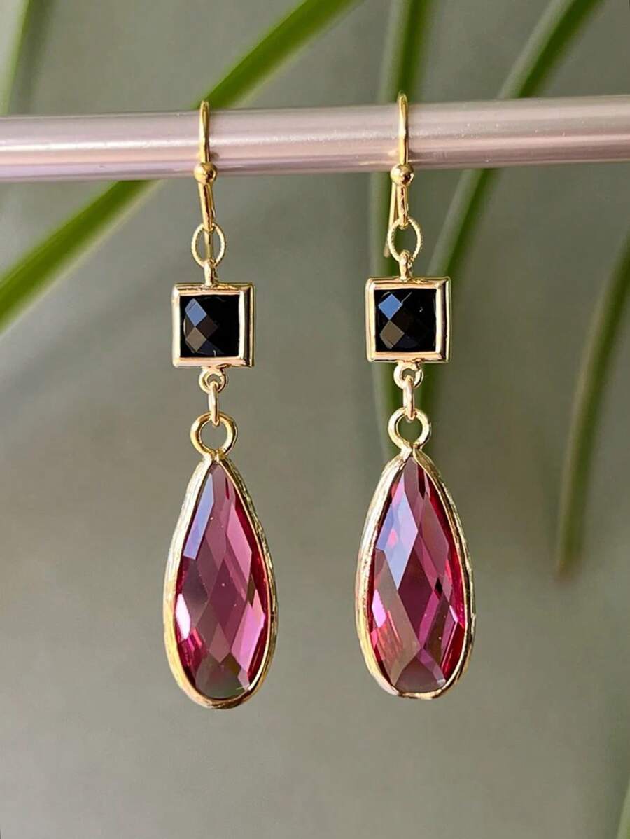 2 件几何宝石吊坠耳环，多色金属复古优雅风格，适合女士，适合派对和日常佩戴