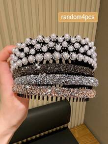 4 Stücke/Set Modische elegante Kristall & Kunstperlen besetzte Haarreife für Damen, geeignet für den täglichen Gebrauch, Make-up, Ausgehen, empfohlen als Geschenk Haaraccessoires Haarband - Verschiedenfarbig - Übersicht 6