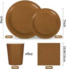 100Pcs Brown Tableware Set Fall Disposable Dinnerware Set 50Pcs Paper Plates 25Pcs Napkin 25Pcs Cups For Wedding Birthday Bride Shower Party Supplies Table Decor - 巧克力棕 - 查看 5
