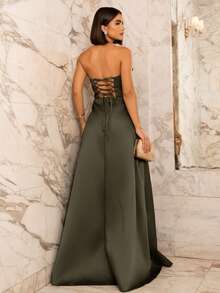 LONG WEDDING PARTY DRESS FOR GODMOTHER, STRAP-FIT, SATIN WITH SEQUINS - OLIVE GREEN - View 2