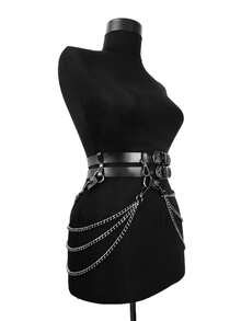女士黑色性感 PU 皮革紧身胸衣腰带，带链条装饰，哥特式时尚配饰，适合狂欢 - 黑色 - 查看 6
