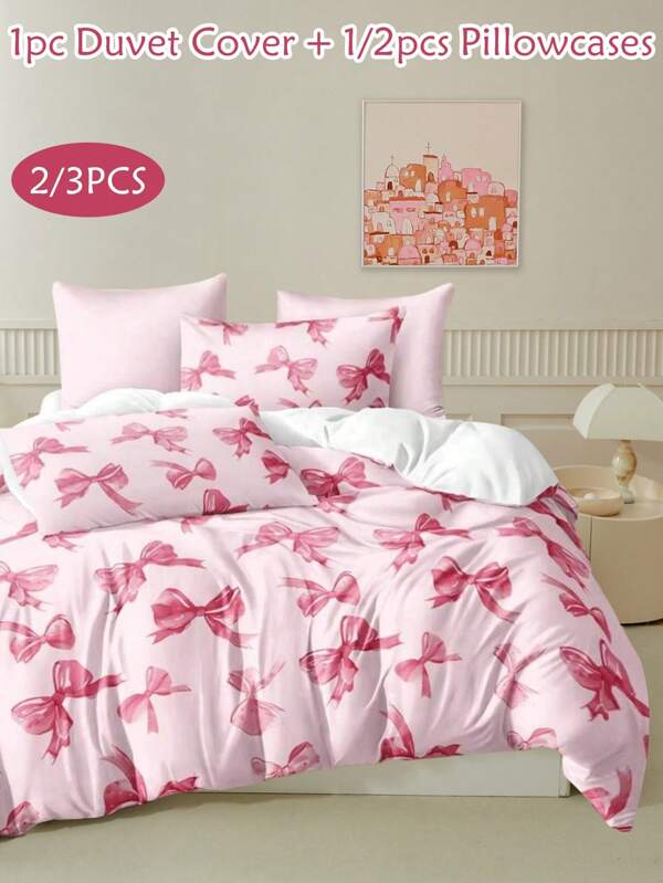 2/3pcs Green Bow Pattern Digital Print Polyester Duvet Cover Set, Cute Modern Bedding Set For Kids Teens Girls All Seasons, Soft Breathable, Machine Washable,( 1 Duvet+ 1/2 Pillowcases)