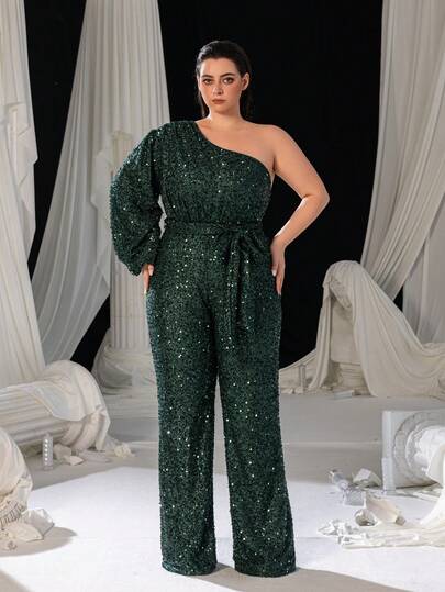 Plus One-Shoulder Sparkling Sequins Jumpsuit With Lantern Sleeves, Adjustable Waist Belt & Wide-Leg Pants | Luxurious Glam Formal Design | Perfect For Weddings, Evening Galas, Party Receptions, And High-End Celebrations​ Christmas Matching Outfits