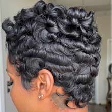 Short Pixie Wigs For Black Women Short Black Curly Pixie Wig Synthetic Short Hair Wigs For Black Women Natural Wavy Black Pixie Cut Wig (Natural Black) - 黑色 - 查看 9