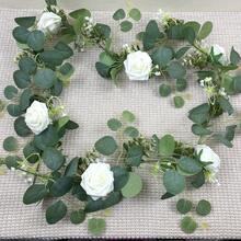 1pc 1.8m / 2.2m Artificial Eucalyptus Flower Garland, With Flowers, 6 /10 White Rose Vine Flower Garland, Home Decoration, Artificial Vine, Green Plant Flower Garland, Wedding Party Center Decoration, Table Decoration, Pipe Decoration - White - View 9