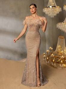 Faeriesty Faeriesty Strapless Beaded Mermaid Evening Gown With Feather-Accented Shoulders & Back Tie-Up Detail - High-Slit Sheer Tulle Dress For Grand Galas, Luxury Weddings, Red Carpet Events, Black-Tie Receptions