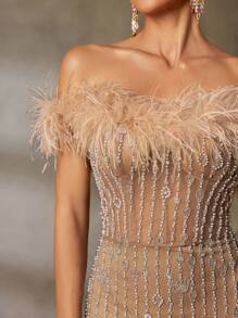 Faeriesty Faeriesty Strapless Beaded Mermaid Evening Gown With Feather-Accented Shoulders & Back Tie-Up Detail - High-Slit Sheer Tulle Dress For Grand Galas, Luxury Weddings, Red Carpet Events, Black-Tie Receptions