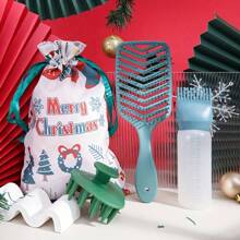 4pcs Christmas Hair Brush Set - V-Shaped Hollow Comb, Wet & Dry Use, Shampoo Brush, Home Hair Care Oil Dispenser