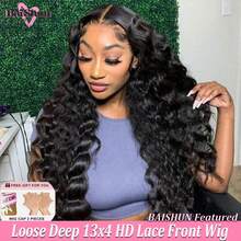 34 Inch 200% Density 13x4 Loose Wave Lace Front Wig Natural Black Color Human Blended Hair Wig Human Hair Pre Plucked Pre Cut Brazilian Virgin Human Blended Hair Human Hair Natural Hairline Wigs For Women 13x4 HD Transparent Lace Frontal Water Wave Wigs For Beginners - Natural & Black - View 2