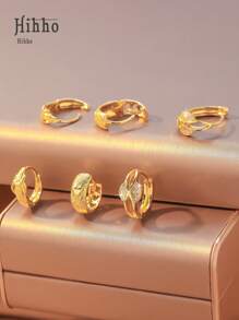 Hihho Set de 6 piezas de pendientes de aro con textura dorada y zirconia brillante, pendientes de perla, set de pendientes de cobre enchapado, adecuado para múltiples perforaciones