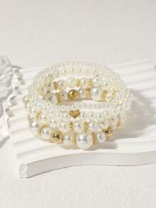 Set de 4 piezas de pulseras elegantes y vintage con cuentas de perlas falsas de ABS