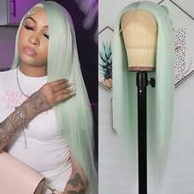 13x4 Free Part Mint Green Long Straight Lace Front Wigs Glueless Long Silky Straight Wigs Pre Plucked HD Lace 180% Density Light Green Wig Soft Free Part Wear And Go Lace Front Wigs For Fashion Women Party & Daily Wear 26 Inch - Mint Green - View 3