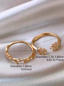 Set de 2 anillos de mujer con diseño de hoja y piedras de circonita de cobre, versátil para uso diario, citas, fiestas, estilo clásico francés