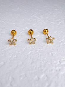 3 件不锈钢小号五瓣花杠铃耳钉 Srecw 球平背耳钉女式耳环，14K 镀金微型锆石，适用于耳廓软骨耳轮波西米亚风格优雅穿孔珠宝 - Gold-1# - 查看 2