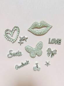 10Pcs/Set Sweet Cool Luxury Designer Bling Silvery Wishing You Good Luck Letter Full Diamond Shining Mouth Butterfly Hollow Pearl Heart Star Bow Cherry Resin Charm Smile Love Words Junk Phone Case Computer Storage Box Makeup Mirror Water Bottle Home Decoration Charms Accessories Kawaii Diy Hairpin Shoe Buckle Crafts - Bạc - Xem 2