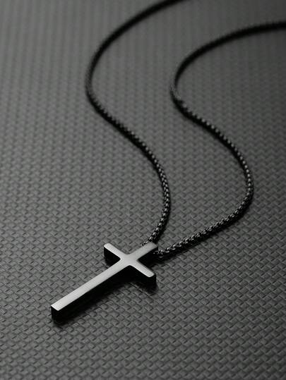 1PC Punk Stainless Steel Cross Pendant Necklace For Men Women Minimalist Jewelry Male Female Necklaces Black Color Sweater Chain Jewelry