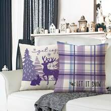 4pcs, Purple Winter Decorative Throw Pillow Covers, Snowflake Christmas Tree Deer Rabbit Porch Patio Outdoor Pillowcase, Snow Plaid Farmhouse Cushion Case Home Decor