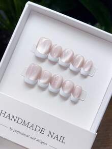 10 piezas de uñas postizas cuadradas cortas hechas a mano, con diseño de ojo de gato blanco pintado a mano, uñas postizas, suministros para uñas, uñas de verano, puntas de uñas postizas, uñas postizas hechas a mano, uñas postizas de primavera, uñas Y2K postizas, uñas postizas cortas, uñas postizas falsas