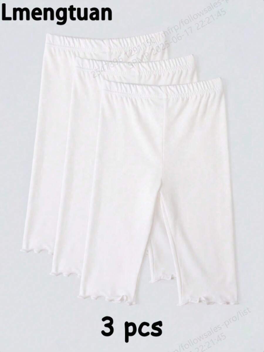 3 Pairs Kids' Solid Color Thin 5 Minute Leggings, Versatile For Wear Under Or Over, Spring & Autumn - White - View 1