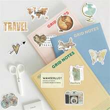 100 张（2 套）复古旅行地图贴纸创意美学贴纸包，适用于装饰手机、日记本、行李箱、笔记本、杯子等，旅行日记装饰贴纸，子弹日记贴纸，回到学校 - 彩色 - 查看 9