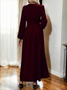 Maxi Vestido Elegante de Manga Larga y Escote en V Profundo con Abertura Lateral Alta en Pierna para Mujer - Rojo violeta - Ver 4