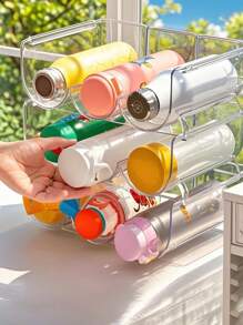 1pc No Drill Plastic Transparent Wine Rack With Cup Holder, Stackable Bar/Countertop/Fridge Storage For Wine Bottles And Tumblers, Home Kitchen Living Room Display Shelf