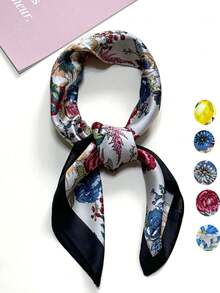 1件装女士时尚多功能头巾，饰有棕色花卉图案，斜纹真丝围巾，防晒沙滩披肩，发饰，腕带，头带/头巾 - 彩色 - 查看 1