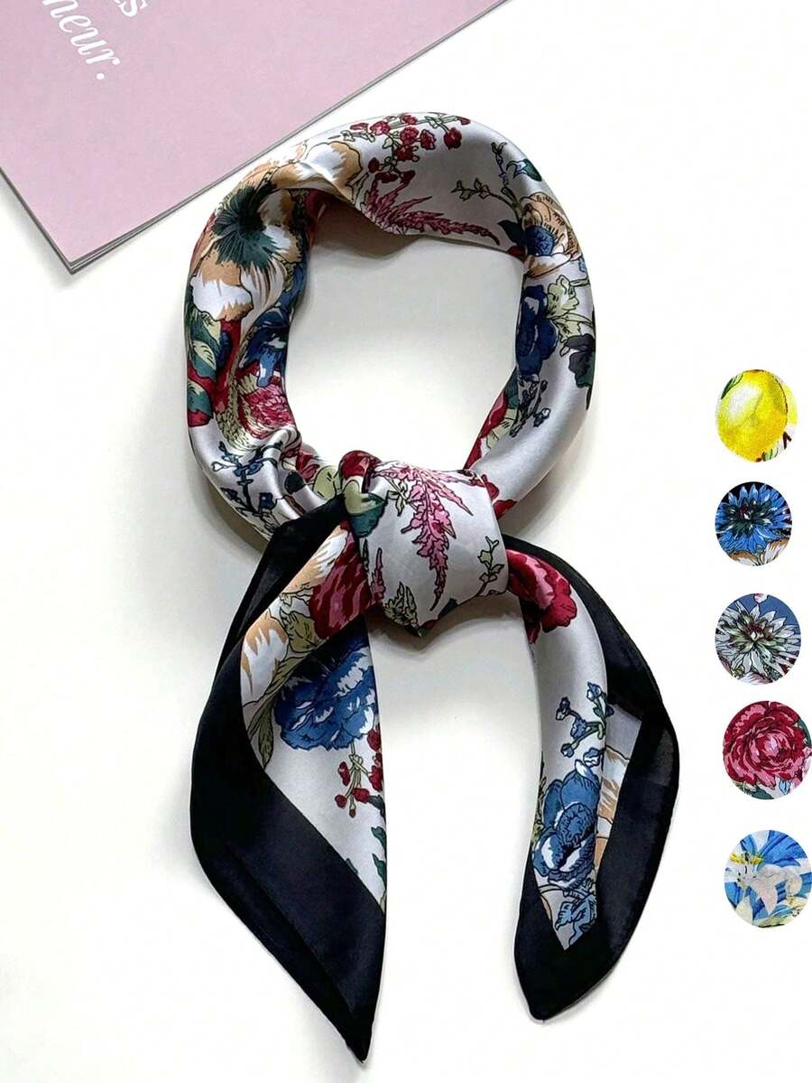 1件装女士时尚多功能头巾，饰有棕色花卉图案，斜纹真丝围巾，防晒沙滩披肩，发饰，腕带，头带/头巾 - 彩色 - 查看 1