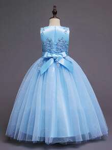 Flower Girls Tulle Lace Princess Pageant Festival Bridesmaid Carnival Floor Long Prom Dance Formal Evening Maxi Dresses - 淺藍色 - 查看 3