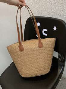 Yogodlns 女士编织篮手拿包顶部手柄包草编便携单肩包夏季沙滩派对钱包购物挎包女式大容量单肩包夏季编织篮手提包时尚沙滩包巴厘岛购物手提包腋下包