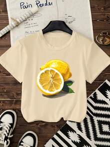 Damen Große Größen T-Shirts im Frühlings- und Sommerlook, Strand-Country-Resort-Club Zitronen-Muster Mädchen Lässig Fashion T-Shirts, große Größen T-Shirts, kurzärmelige Rundhalsausschnitt Lässig Oberteile