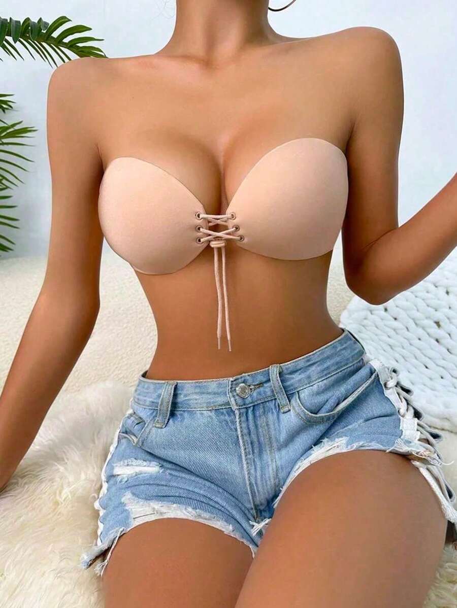 1pc Front Lace-Up Self-Adhesive Padded Push Up Bra