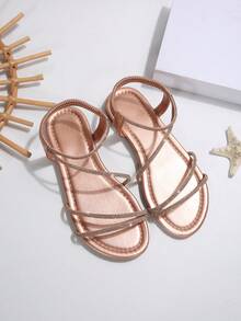 新款夏季露趾系带交叉松紧带平底凉鞋女式欧美风格 - 香檳色 - 查看 8