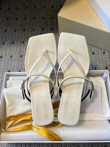 法式高跟凉鞋，女士夏季新款皮革趾带细跟凉鞋，踝带坡跟