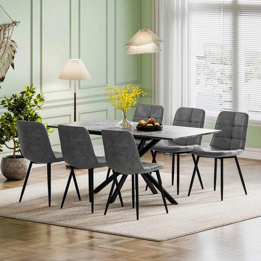 Extendable Dining Table And Chairs Set 6, 120-160cm Concrete Effect Table With 6 Grey Upholstered PU Leather Chairs For Dining Room, Kitchen - Concrete Effect Dining Table + 6 PU Grey Chairs - View 1