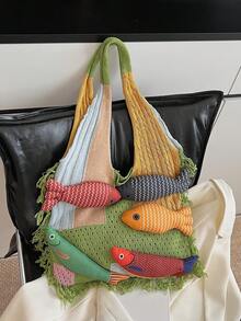 Swim Mod Bolso de mano de tejido hecho a mano, bolso de gran capacidad de punto multicolor, nueva bolsa de transporte 2025 - Multicolor - Ver 8