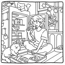 1pc CAT&CHILL Puzzle Stress Relief, Adult Coloring Book, Content Containing Girls And Pet Friends Making Pizza, Drinking Afternoon Tea And Taking Photos And Other Comfortable Scenes, The Pattern Is Exhaust And The Lines Are Clear, Coloring Book, Back To School, School Supplies, Bestie Gifts