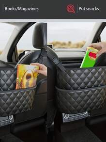 1pc Large Capacity PU Leather Car Seat Storage Bag, Expandable Hanging Organizer Bag With Multiple Pockets, Suitable For Vehicle Interior Accessories, Purse Holder, Wallet Clip, Pet Barrier - Black Quilted Design, Car Organizer