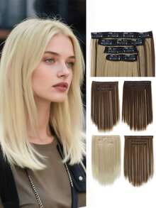 Extensiones de cabello rectas de 14 pulgadas, set de 4 piezas. Extensiones de cabello sintético suave y natural para aumentar el volumen del cabello de las mujeres, para uso diario y de fiesta - Multicolor - Ver 3