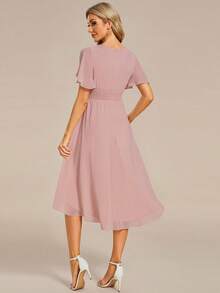 Vestido de dama de honor elegante con mangas con volantes y plisado de gasa rosa para mujer en otoño, vestido formal para invitados de boda