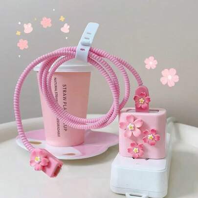 5 件套粉色樱花充电线保护套，适用于 14 20W 充电器适配器支架盖充电器配件，手机配件